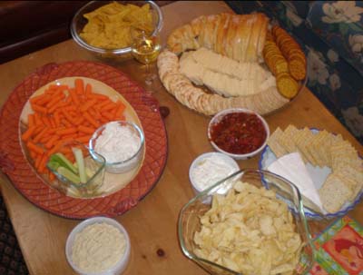 Veggies and chips and dips and cheese